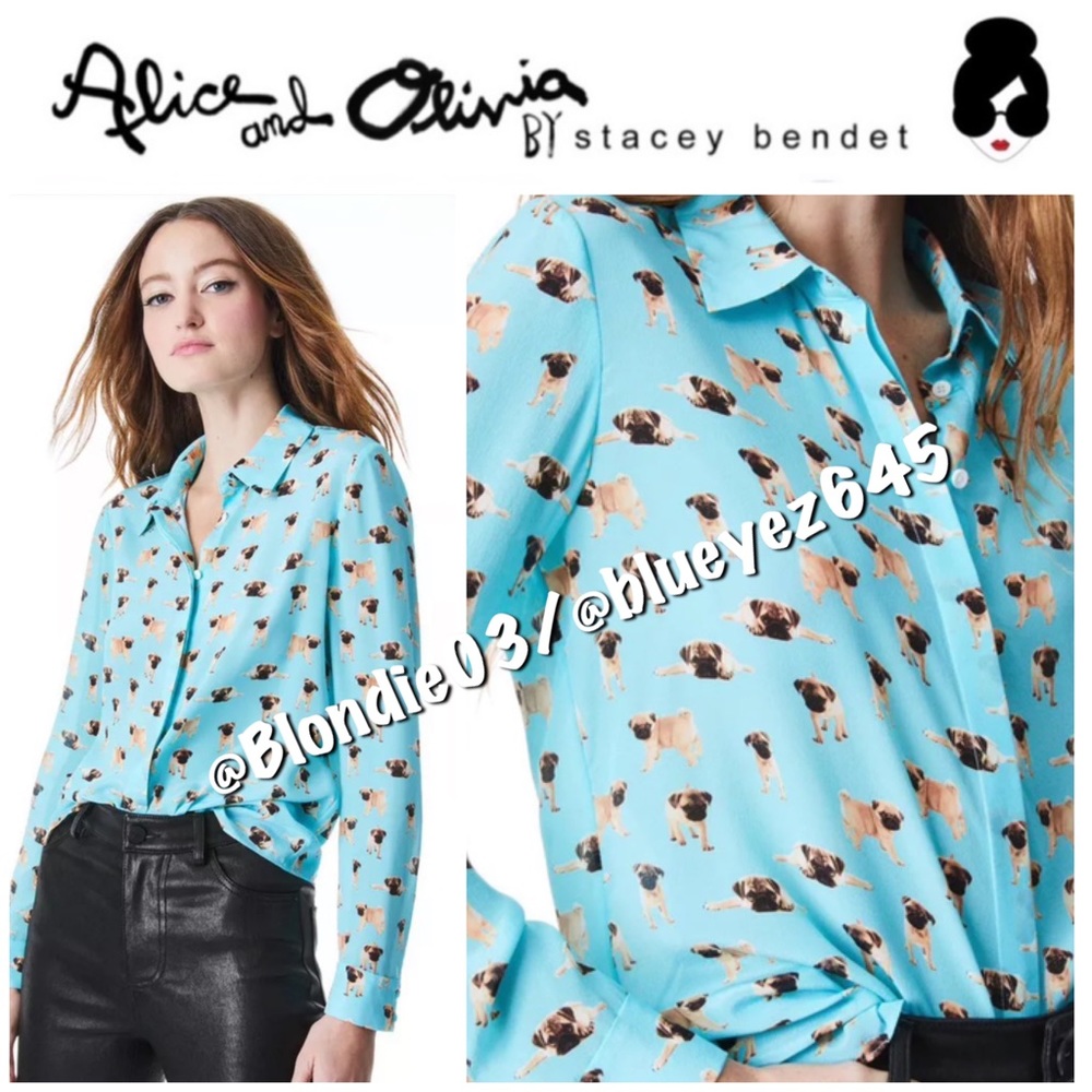 Alice + Olivia “Willa” pug party button down shirt XS